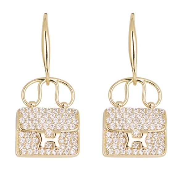 NEW Luxury Gold Plated Zircon Bag Shape Earrings - Picture 3 of 11